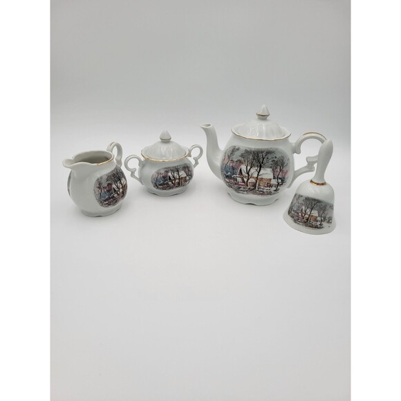 Vtg Teapot Cream Sugar Set & Bell Old Grist Mill Currier & Ives Avon Sales Award - Picture 1 of 16